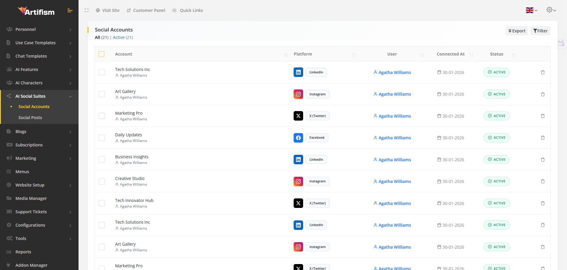 Admin Social Accounts DataTable