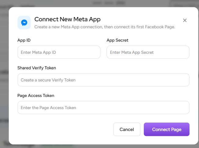 Connect the first Page with a new Meta app connection using empty secret fields