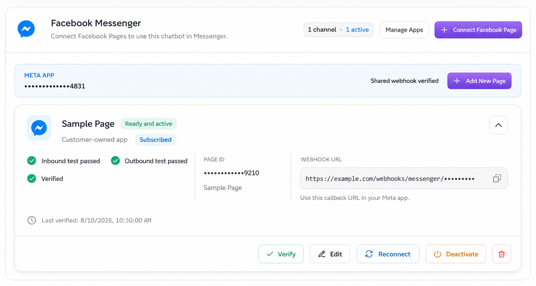Verified Messenger Page card with privacy-safe example values