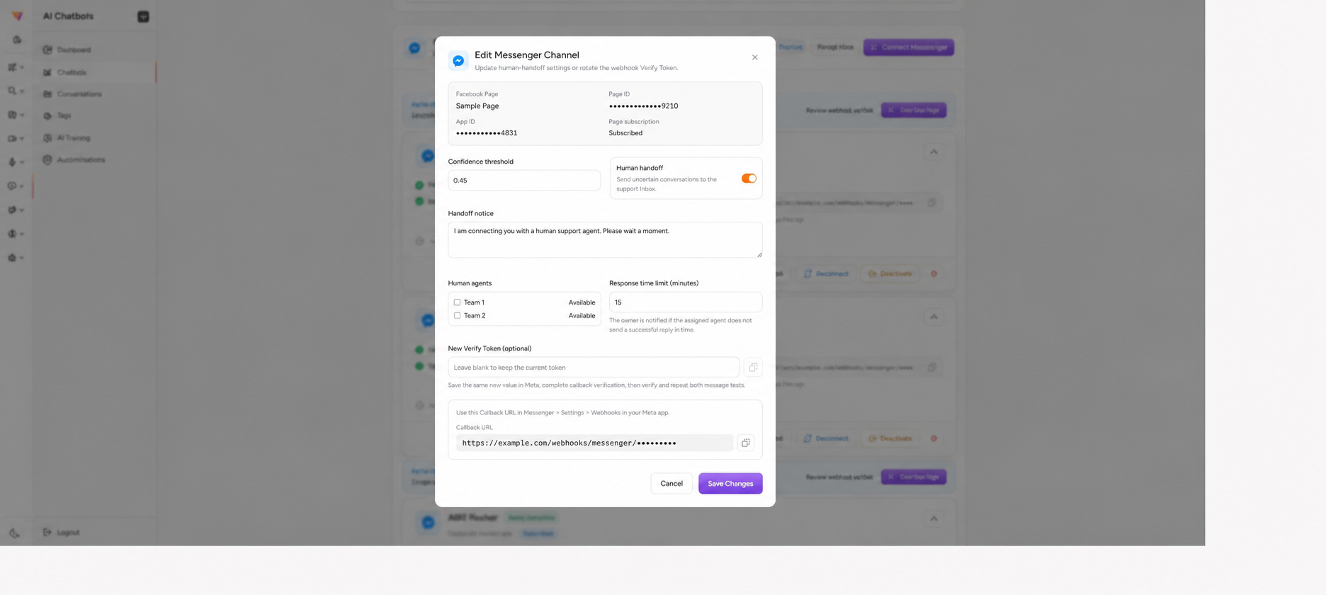Messenger handoff and agent settings with fictional Page details