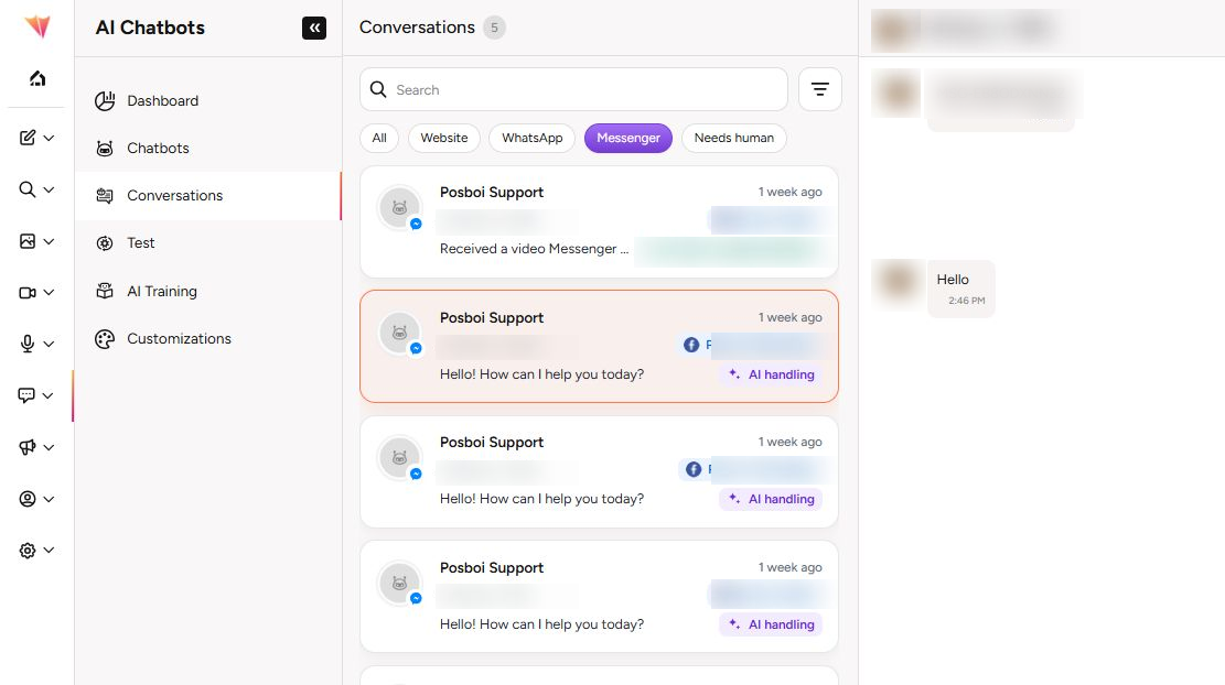 Real Artifism Messenger Conversations screen with private data blurred