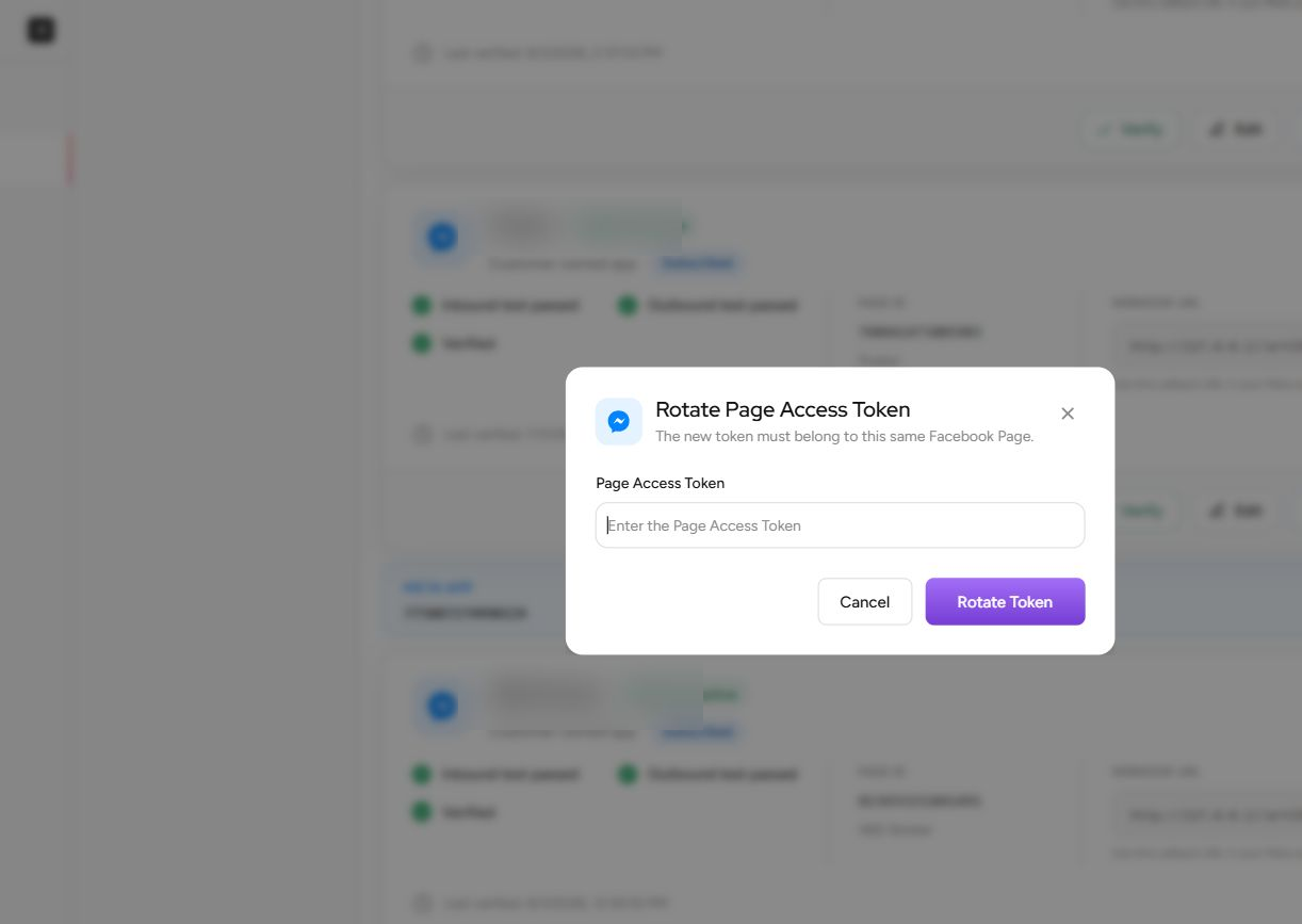 Real Rotate Page Access Token modal with an empty secret field