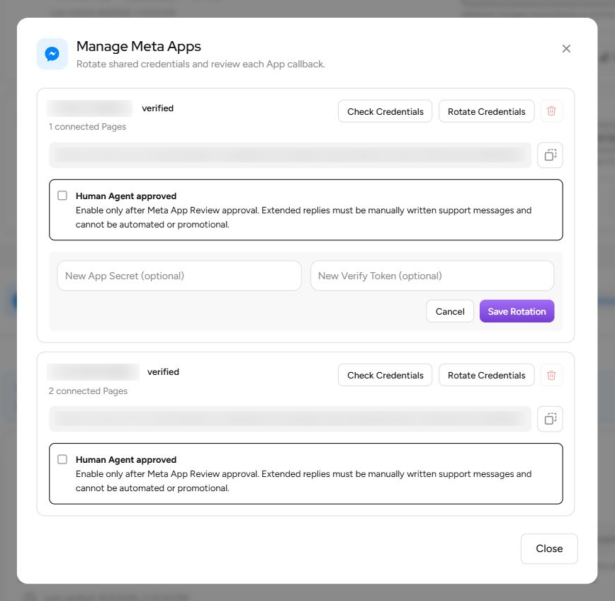 Real Manage Meta Apps credential-rotation form with App IDs and callback URLs blurred