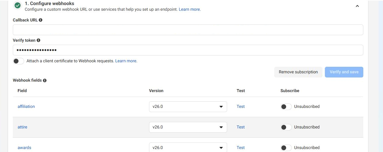 Live Meta Configure webhooks section with App ID and Callback URL blurred