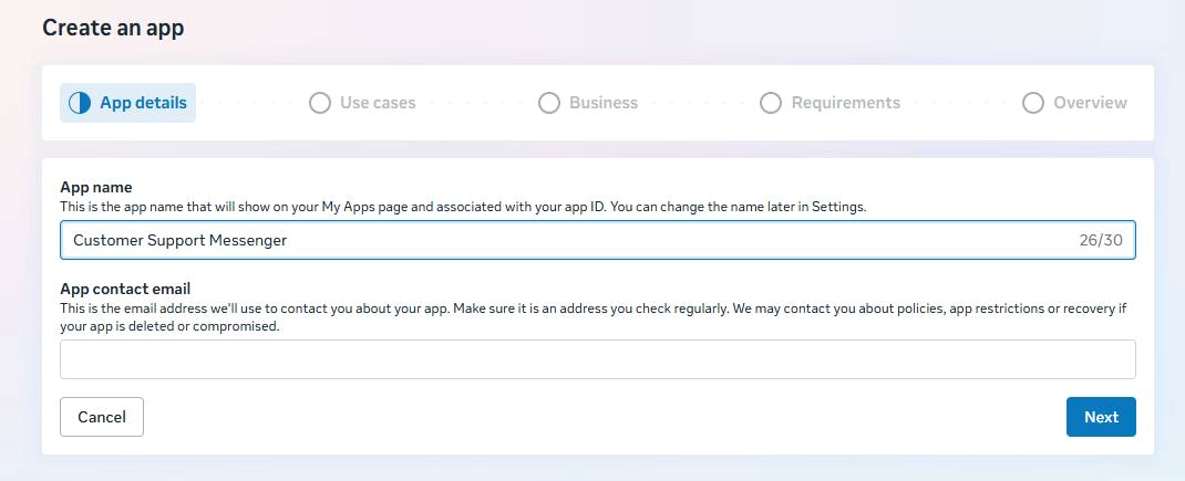 Live Meta Create an app App details screen with the contact email blurred