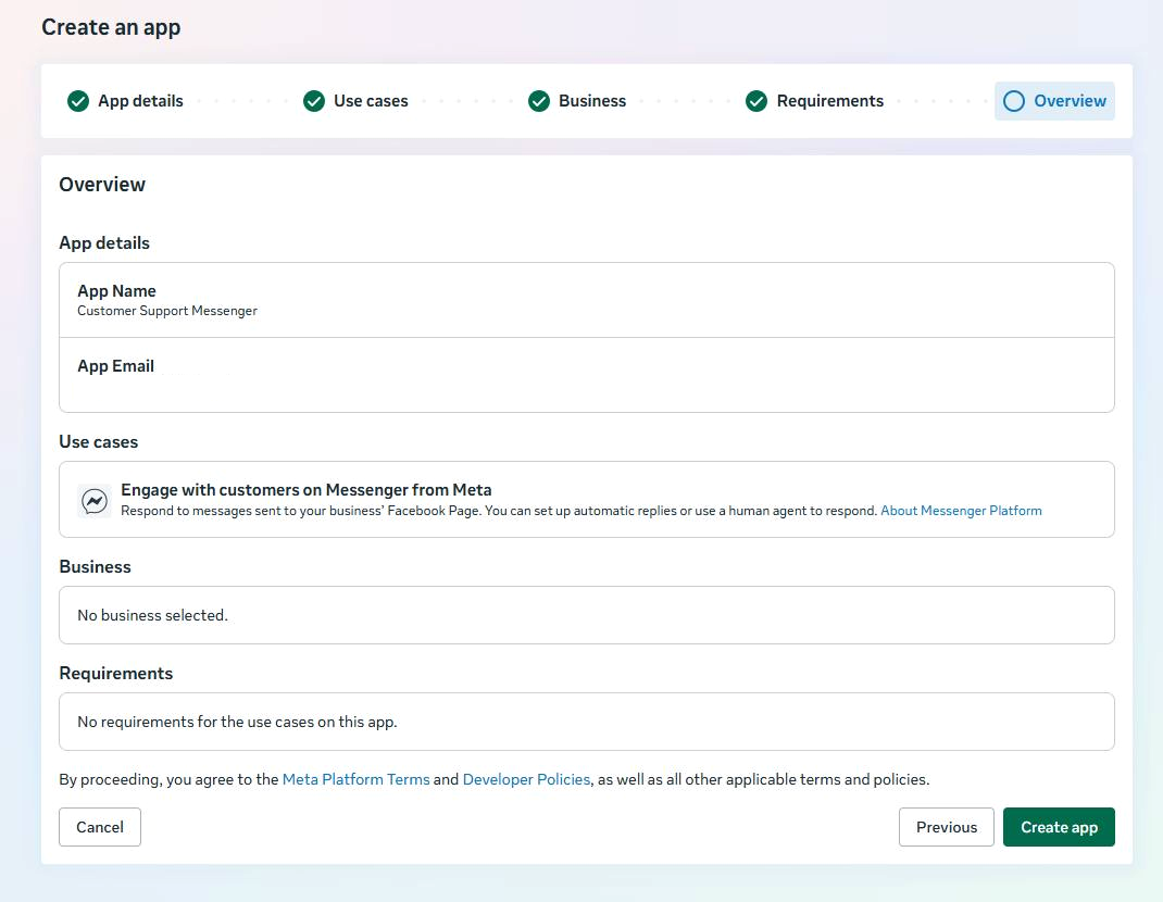 Live Meta Create an app Overview with the contact email blurred