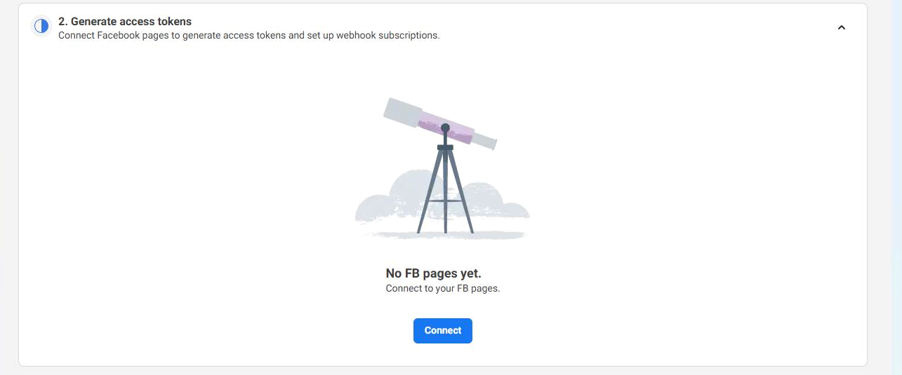 Live Meta Generate access tokens section before a Facebook Page is connected