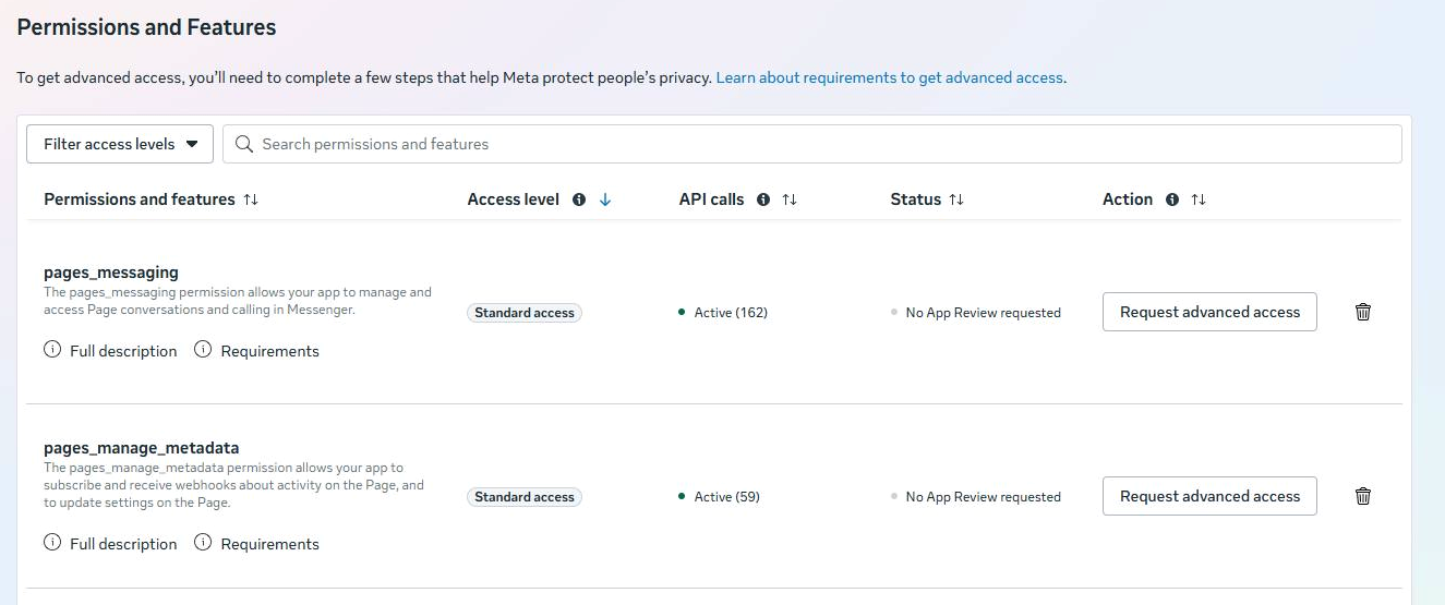 Live Meta Permissions and Features showing pages_messaging and pages_manage_metadata