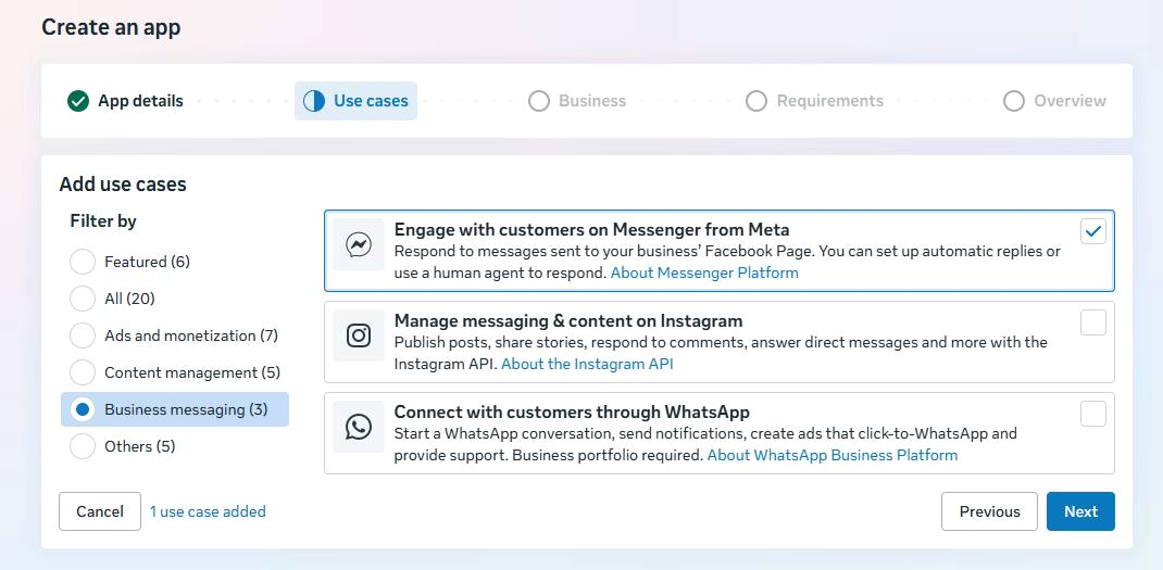 Live Meta use-case screen with Business messaging and Messenger selected
