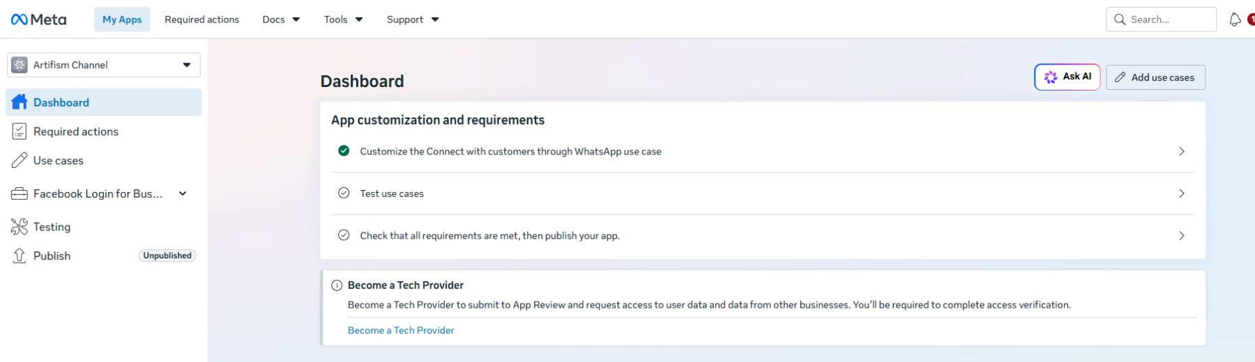 Meta app dashboard with WhatsApp
