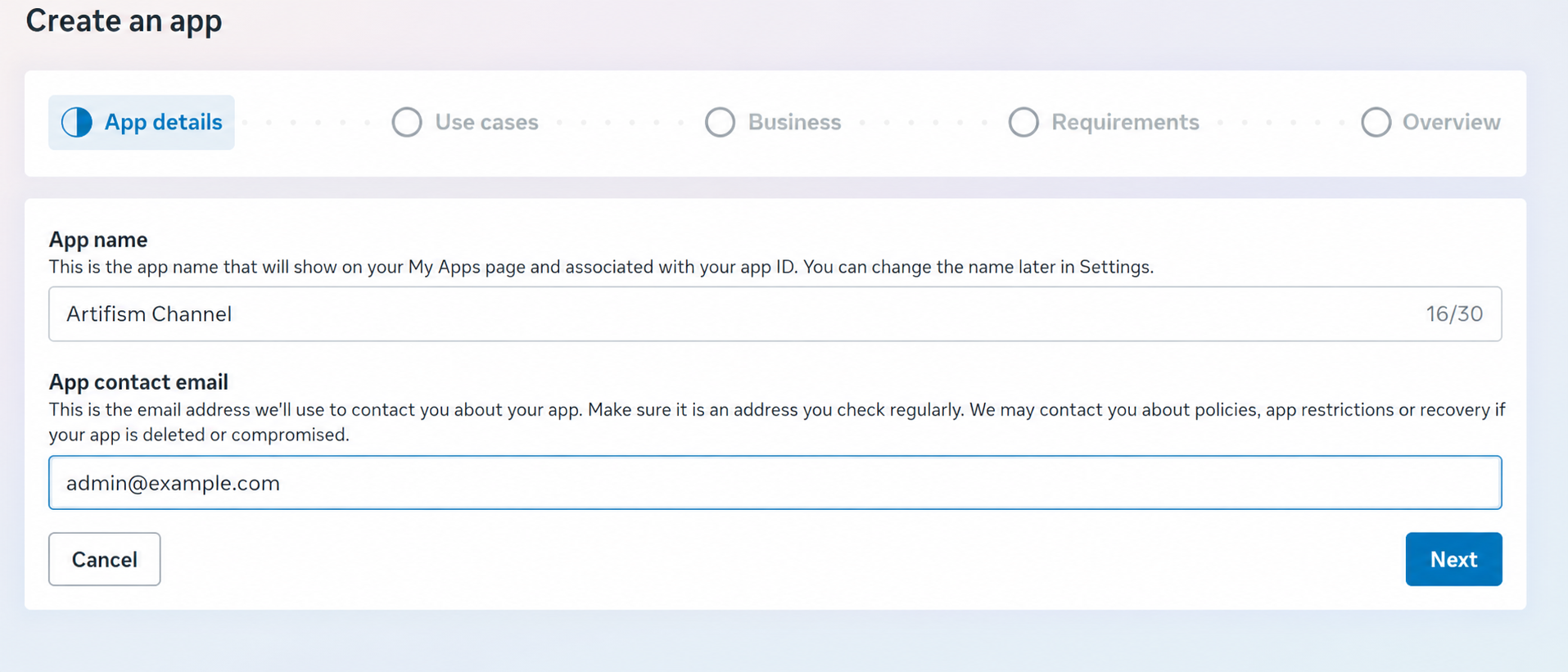 Enter the new Meta app details