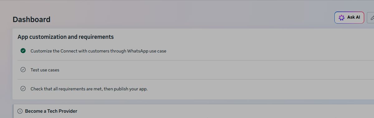 Meta app dashboard with the WhatsApp use case