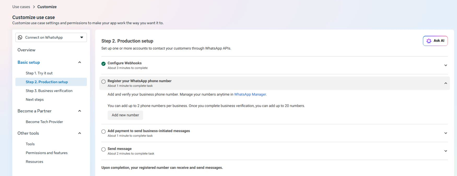 Register a WhatsApp phone number from the current Meta setup