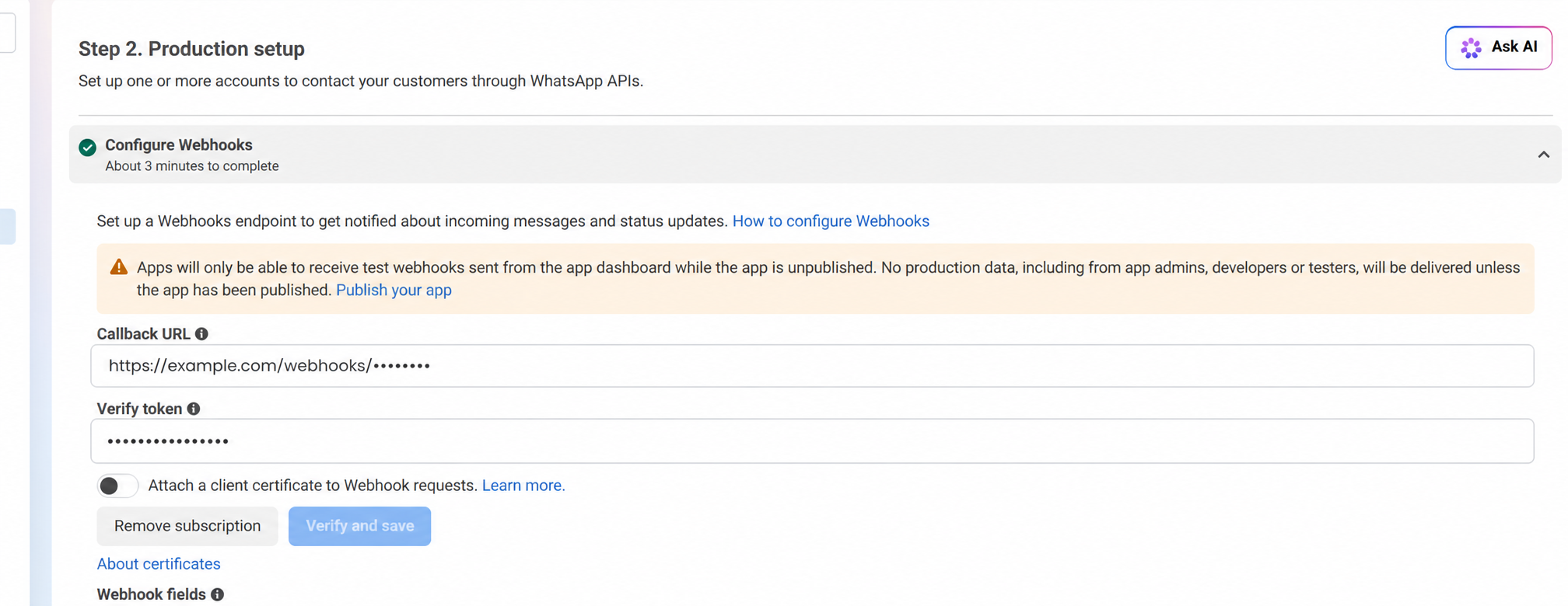 Meta WhatsApp webhook configuration